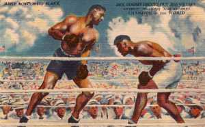 Jack Dempsey Knocks Out Jess Willard: Postcard commemorating the "Champion of the World" fight held in Toledo on July 4, 1919.